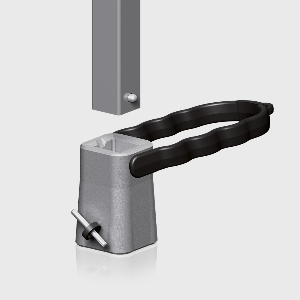 Metallischer Verriegelungsmechanismus mit Griff und Bolzen, zur Sicherung von Verbindungen. Ideal für Bau- und Industriemaschinen.