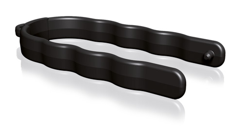 Schwarzer Kunststoffclip in wellenförmigem Design, reflektierend auf weißem Hintergrund. Geeignet für Kabelmanagement und Organisation.