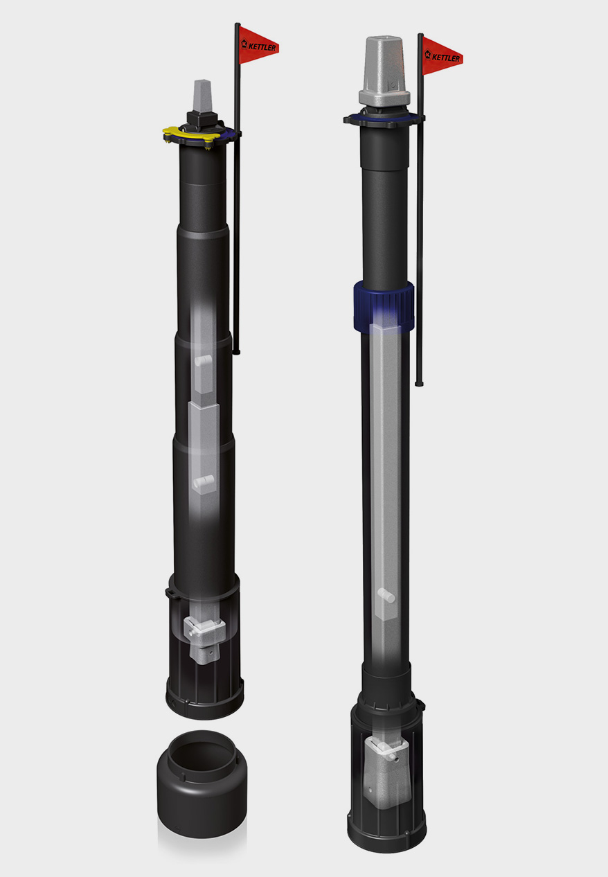 Zwei schwarze Teleskopsäulen mit roten Fähnchen und transparenter Struktur, geeignet für mechanische Anwendungen oder Höhenverstellungen.