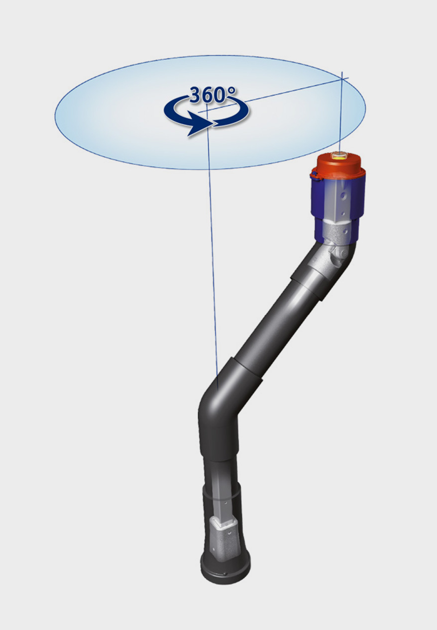 360-Grad-Darstellung eines flexiblen Roboterarms mit drehbarem Kopf, geeignet für industrielle Anwendungen zur präzisen Bewegung und Steuerung.