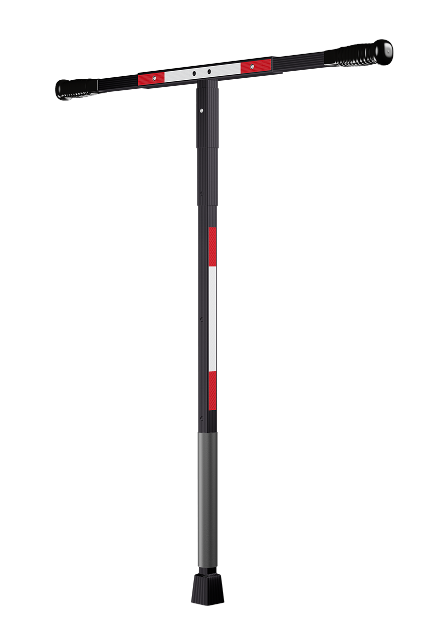 Teleskopische Schrankenstange in Schwarz mit rot-weißen Reflektoren, geeignet für Verkehrs- und Zugangsmanagement. Hochwertige Materialien.