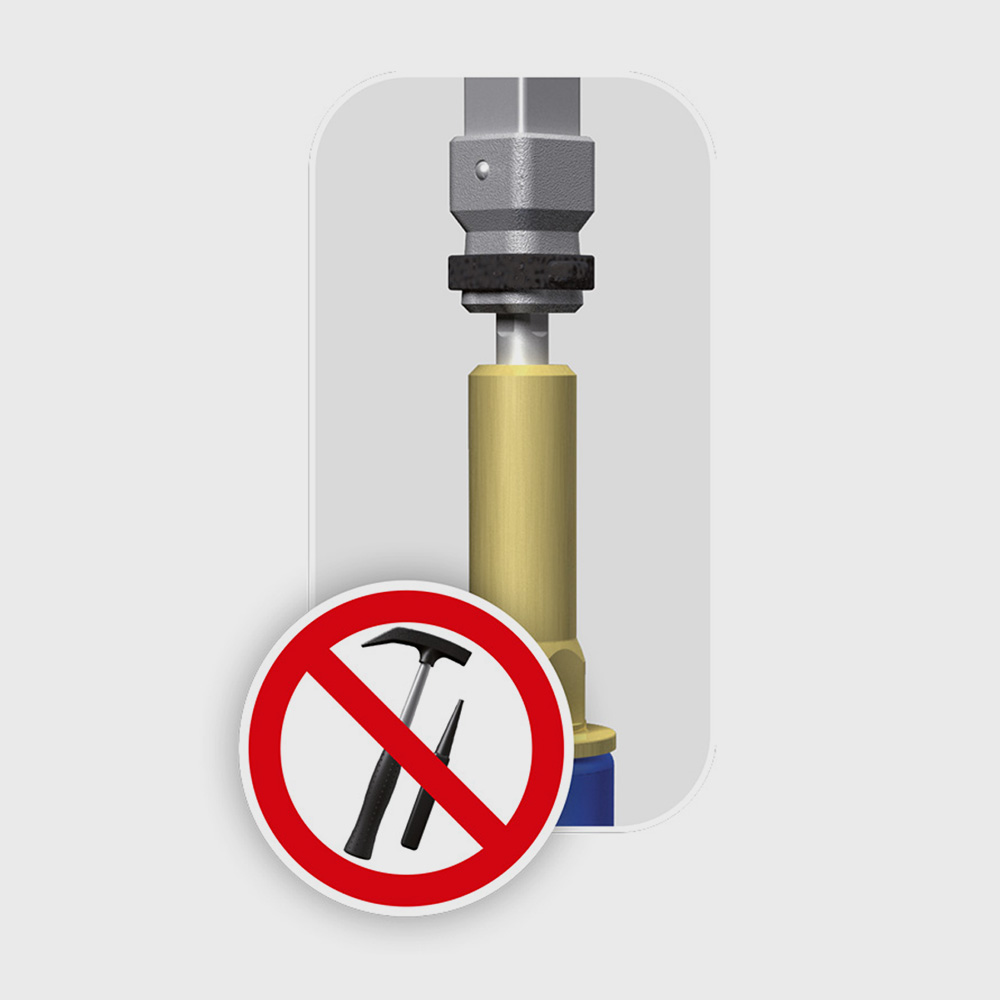 Illustration eines Werkzeugs mit einem Verbotssymbol für Hammer und Meißel, zeigt keine manuelle Bearbeitung erlaubt.