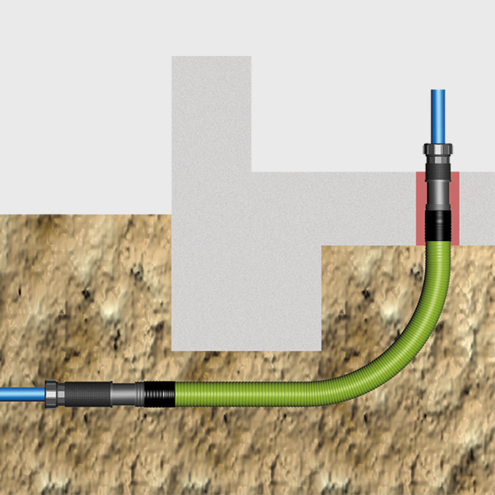 Schema einer Rohrverlegung im Boden mit einem Schutzrohr, das um eine Hausecke verläuft. Ideal für Kabelschutz und Installation.