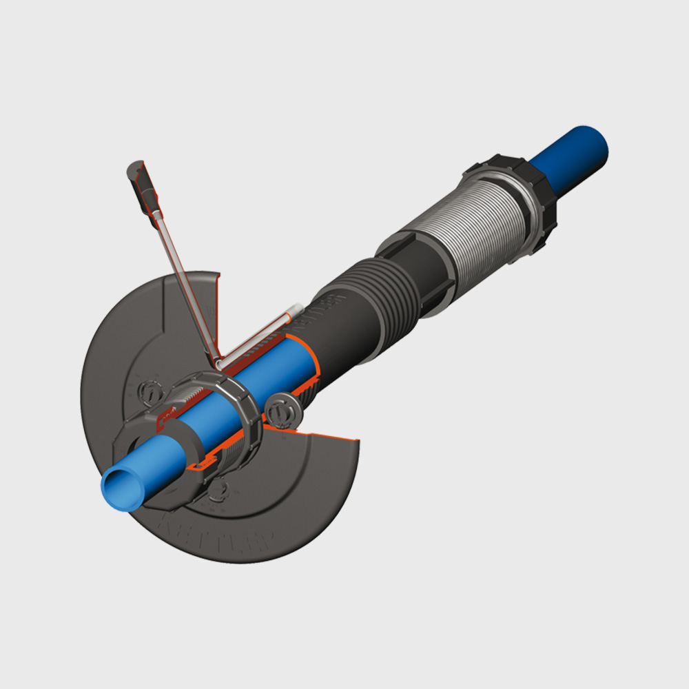 Illustration eines technischen Geräts mit blauen und schwarzen Komponenten, einschließlich Hebel und Rohrsystem, vor weißem Hintergrund.