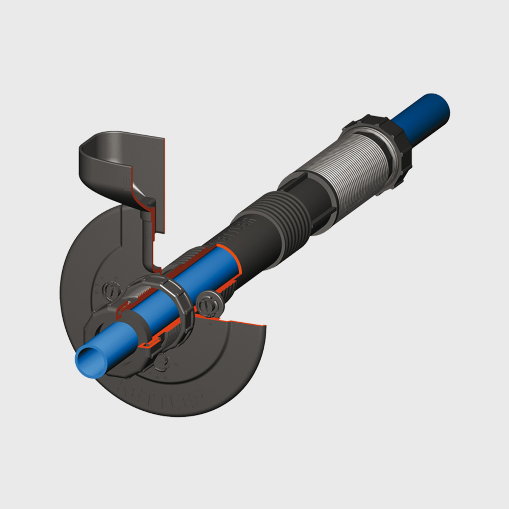 3D-Schnittansicht eines Kabelschutzsystemkomponenten mit einer blauen Leitung in einem gerippten Rohr, umgeben von einem schützenden Gehäuse.
