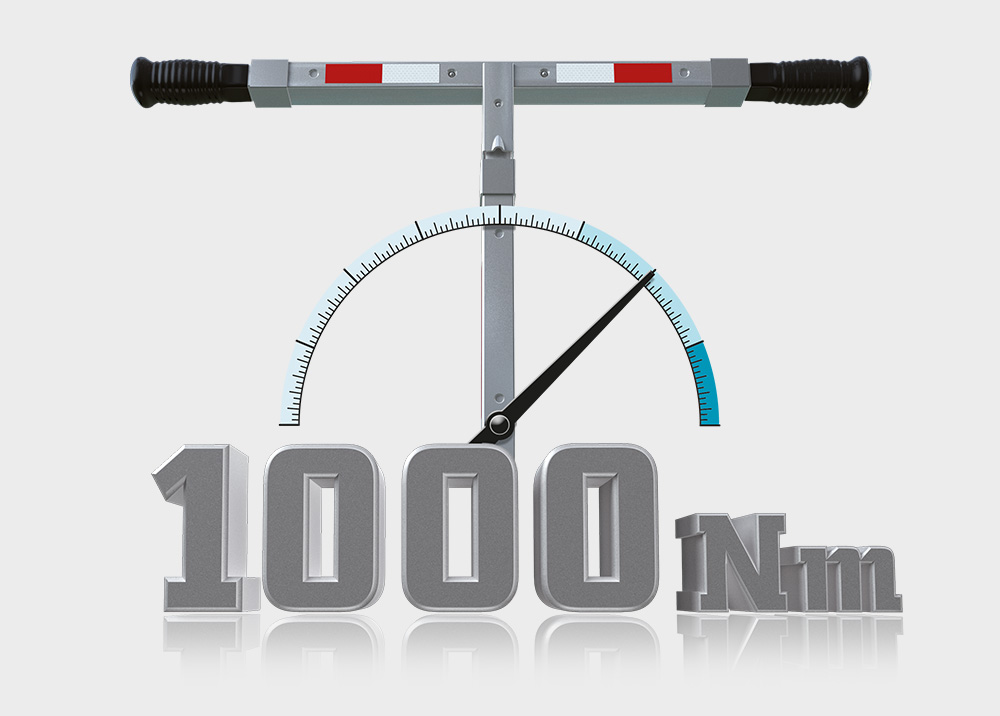 Drehmomentschlüssel mit Skala zeigt 1000 Nm. Ideal für präzise Messungen in der Autotechnik und beim Maschinenbau.