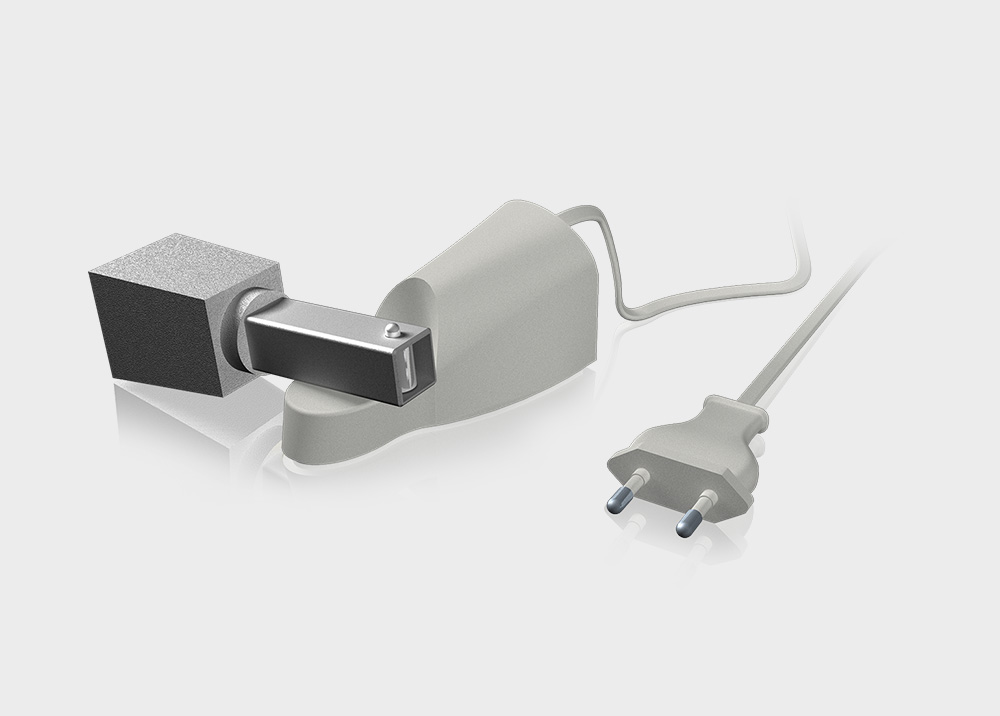 USB-Ladegerät mit Netzstecker auf weißem Hintergrund. Moderner Adapter für elektronische Geräte.
