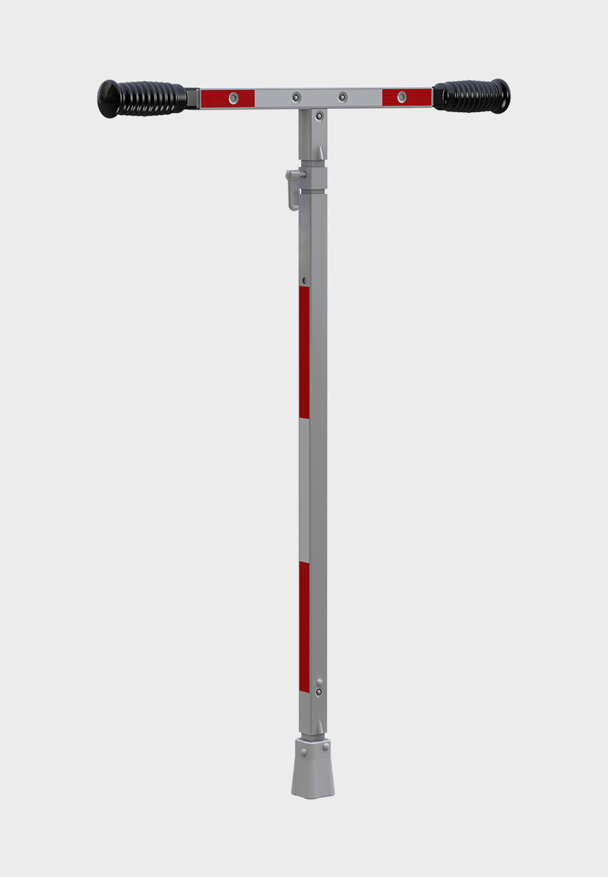 Absperrstange aus Metall mit roten und weißen Streifen und schwarzen Griffen, stehend auf einem grauen Hintergrund. Ideal zur Zugangskontrolle.