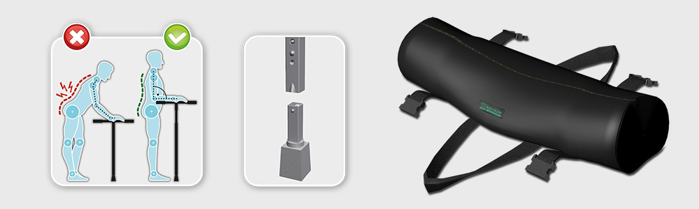 Abbildung zeigt korrekte und inkorrekte Körperhaltung mit Gehhilfe, Anpassungsbeispiele und einem schwarzen Schutzpolster für verbesserten Komfort.